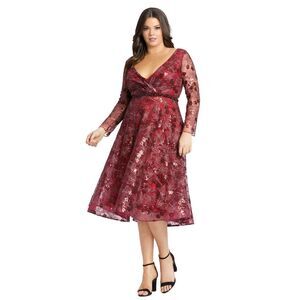 MAC DUGGAL LONG SLEEVE ILLUSION SEQUIN EMBROIDERED MIDI DRESS (PLUS) US 14 $398